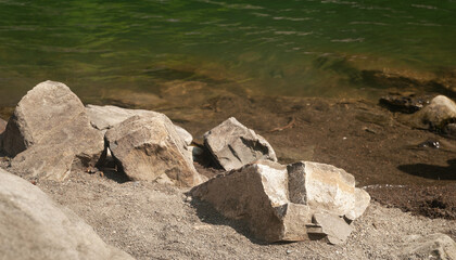 Mountain river. Stone bank of mountain river. Big stones in mountains