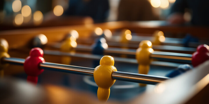Colleagues playing foosball in office break time