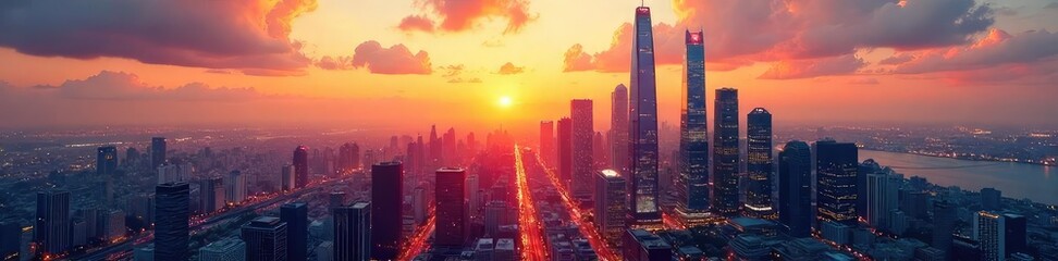 Fototapeta premium Sleek modern skyscrapers pierce a vibrant cityscape at sunset, casting long shadows across the bustling streets below A stunning display of urban architecture and design , buildings, cityscape