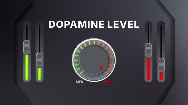 Animation of Dopamine level on a circular gauge moving from low to high and back. Can be used to show increase or decrease. Perfect for health, fitness, or data content.