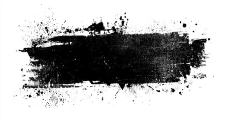 Abstract black ink splatter banner, heavily textured with rough edges, splatters, and drips on a white background