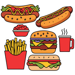 Fast food collection fatty highcalorie harmful food isolated vector illustration on white background