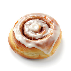Fototapeta premium A freshly baked cinnamon roll topped with a generous layer of white icing, presented against a clean white background.