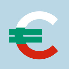 Bulgaria and Euro. Bulgarian country as part of Eurozone and adopting the currency. Vector illustration of money symbol in colors of national flag.