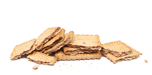 Broken rectangular double color biscuit and crumbs, pile cookies isolated on white, side view