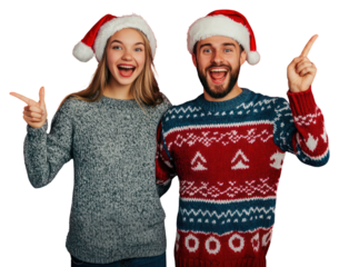 PNG Young couple with surprise faces wearing sweaters happy background santa.