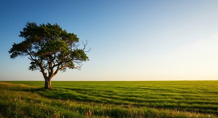 Tranquil scene of a tree in a green field under a blue sky.