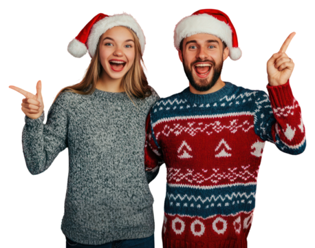 PNG Young couple with surprise faces wearing sweaters happy background santa.