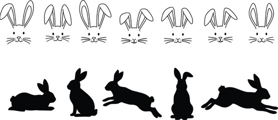 Vector illustration of cute bunny faces and rabbit silhouettes, perfect for Easter graphics, pet designs, cartoon elements, kids decor, and spring projects.