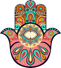 Multicolored vector illustration of hamsa hand symbol. Religious sign, Hand of Fatima, all-seeing eye. Vintage style. faith, religion