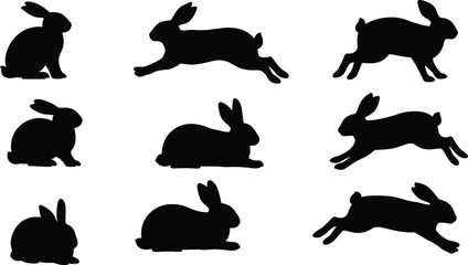 Rabbit silhouette vector set, running and sitting bunny poses, black pet animal shapes, perfect for wildlife, Easter design, and graphic projects.