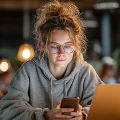 Girl in a gray sweater near a laptop looking at a smartphone