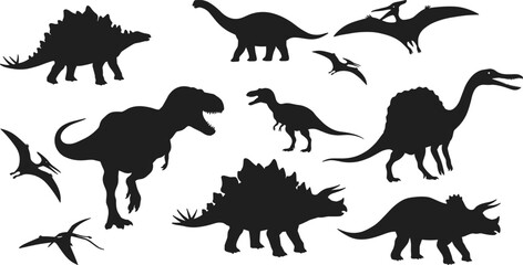 Silhouette vector illustration of different dinosaurs, prehistoric creatures in various poses, isolated black shapes, flying and walking species, dinosaur graphic elements pack.