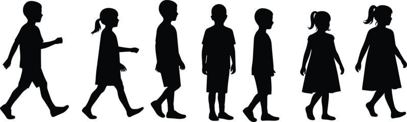 Silhouette vector illustration of walking children, boys and girls, side view, casual posture, child movement, kids walking, isolated on white background.
