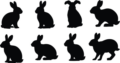 Silhouette vector of sitting rabbits, black bunny shapes in various poses, perfect for pet animal design, wildlife illustrations, and Easter projects.