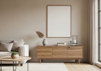 Minimalist Living Room Interior with Neutral Tones, Wooden Furniture, and Blank Vertical Frame Mockup