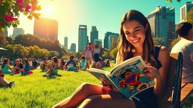 Diverse group of joyful friends reading comic books together against a vibrant city park background with copy space