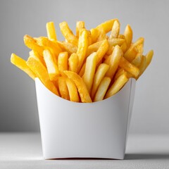 French fries in a white carton against a light background