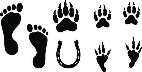 Silhouette vector illustration of diverse footprint and animal tracks, including human, bear, horse, and raccoon prints, ideal for outdoor, wildlife, or nature themes. © Masum Creatives
