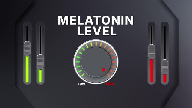 Animation of Melatonin level on a circular gauge moving from low to high and back. Can be used to show increase or decrease. Perfect for health, fitness, or data content.