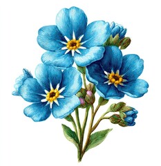 A cluster of vibrant blue forget-me-nots, delicately painted, with yellow centers and budding blossoms, set against a stark white background