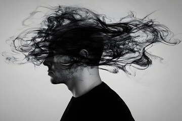 Man profile with flowing abstract lines emanating from his head, symbolizing mental stress and chaos for psychological concept.