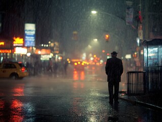 Solitary Man in Rain on City Street