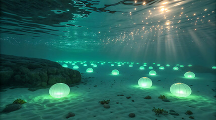 Underwater scene with glowing spheres on the ocean floor
