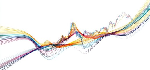 Abstract multicolored wave lines forming a stock chart-like pattern on a white background