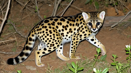 Fototapeta premium Nocturnal large-spotted genet (Genetta tigrina) in natural habitat, South Africa .