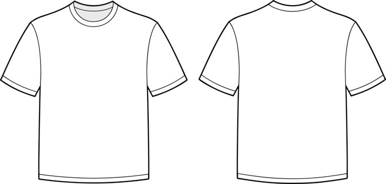 Basic crew neck t-shirt vector flat sketch, front and back technical illustration, unisex short sleeve tee outline for fashion design mockup template