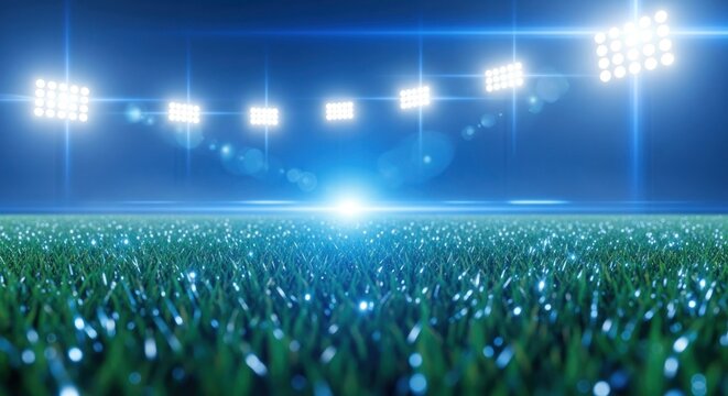A vibrant nighttime sports field illuminated by powerful stadium lights, showcasing a detailed depiction of the playing surface.