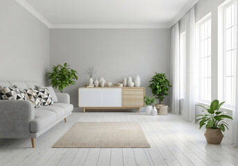 Fototapeta premium Bright interior with sofa, plants, and decor in a modern living room