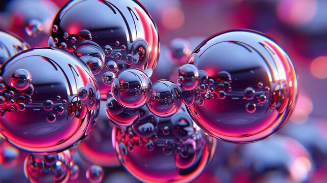 Glass spheres reflecting, morphing inside otherworldly landscape, exposing molecular interactions through vivid purple pink luminescence