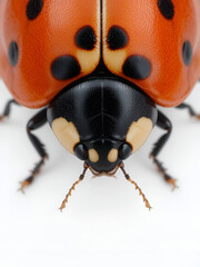 Fototapeta premium Top-down close-up of a ladybug on pure white background, bright orange-red elytra with distinct black spots, black head and legs, light yellow or beige markings on head/pronotum, light highlighting gl