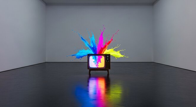 Conceptual art of a vintage television exploding with a vibrant splash of colorful paint. This creative burst of CMYK colors is isolated in a minimalist gallery with a reflection on the dark
