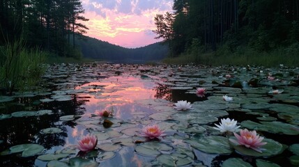 Lily pads cover a tranquil lake reflecting a beautiful sunset sky in a forest setting
