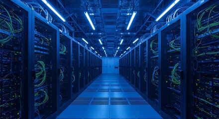 Modern data center corridor with glowing blue lights and server racks.