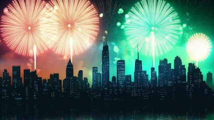 Colorful fireworks illuminate city skyline at night