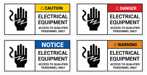 Notice Sign Electrical Equipment Authorized Personnel Only. Electrical Equipment Authorized Personnel Only logo, badge, icon, sticker, label, emblem, stamp, symbol, black, line, flat vector.