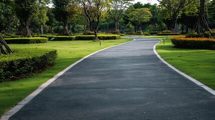A serene park pathway curving through lush green lawns and vibrant flower beds, perfect for a peaceful stroll.