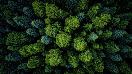Dense forest canopy viewed from above, varied shades of green & bluish hues