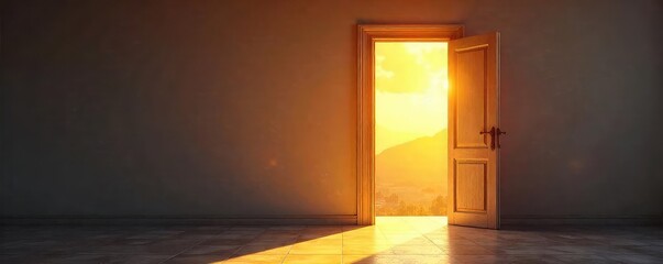 A brightly lit, open doorway reveals a warmly inviting interior, sunshine streaming through the threshold Perfect for themes of new beginnings, hospitality, and welcome , hallway, positive