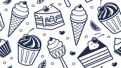 dessert pattern ice cream cake cupcakes line art navy blue bakery isolated on white background.