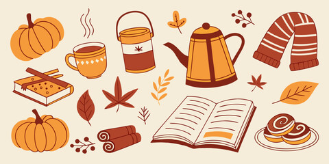 cozy autumn fall illustrations pumpkins coffee books scarf warm orange brown