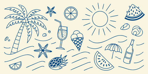 Fototapeta premium tropical nautical line art blue ink palm trees starfish maritime beach illustrations design.