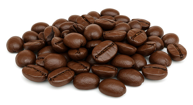 Pile of roasted coffee beans, isolated on pure white background, high detail and realistic texture