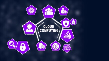 Cloud Computing Concept Diagram with Icons and Purple Accents on Dark Blue Background technology data