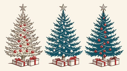 three decorated christmas trees different color themes holiday illustration design and isolated on white background.