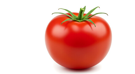 Fresh red tomato with a green stem, isolated on pure white background, realistic texture and high detail